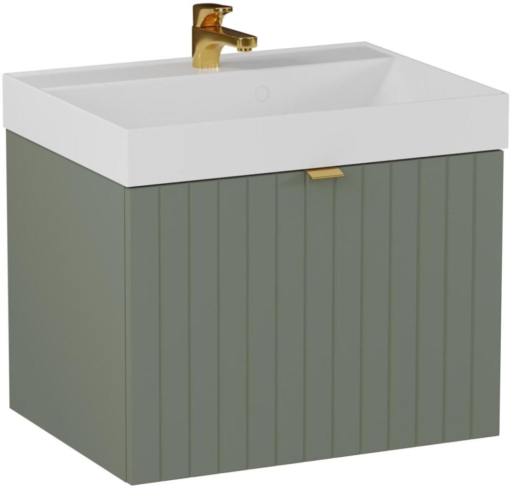 BADEDU ESLA Waschbecken mit Unterschrank 59 cm breit, Grün, Waschbecken Gussmarmor Weiß Bild 1