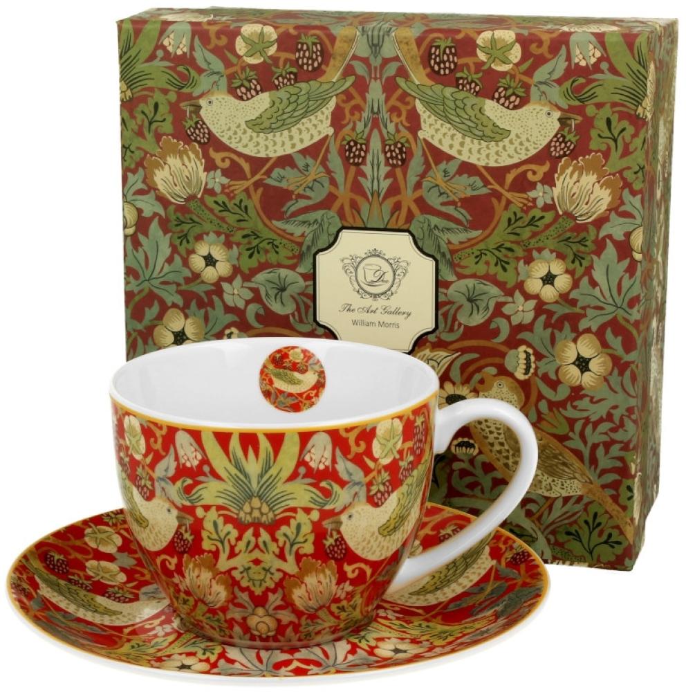 DUO ART GALLERY Tasse 270 ml STRAWBERRY THIEF RED mit Untertasse, New Bone China Porzellan Bild 1