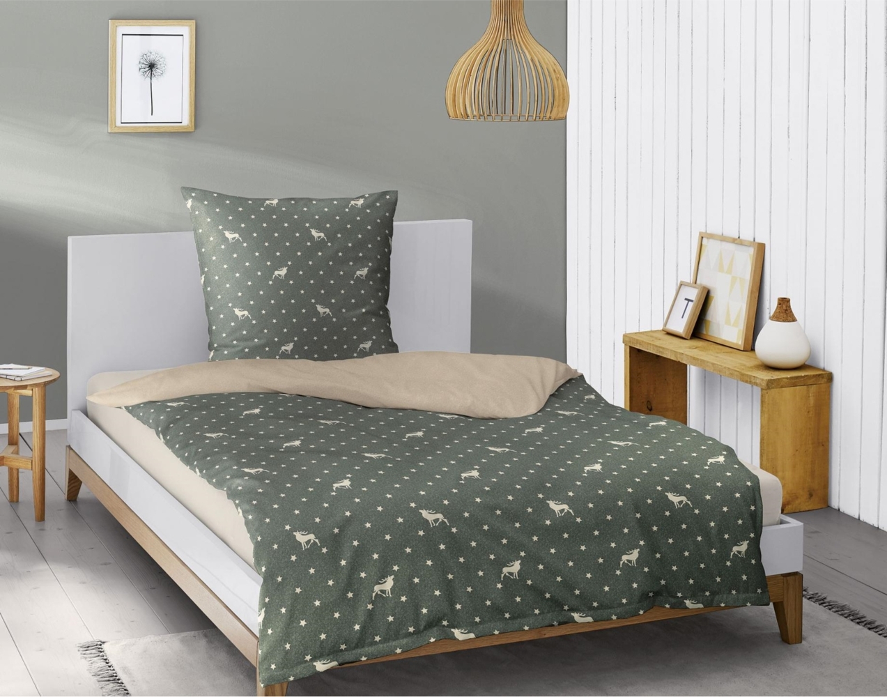 Irisette Biber Bettwäsche Dublin 8395-30 Hirsch Sterne grün 135x200 Bild 1