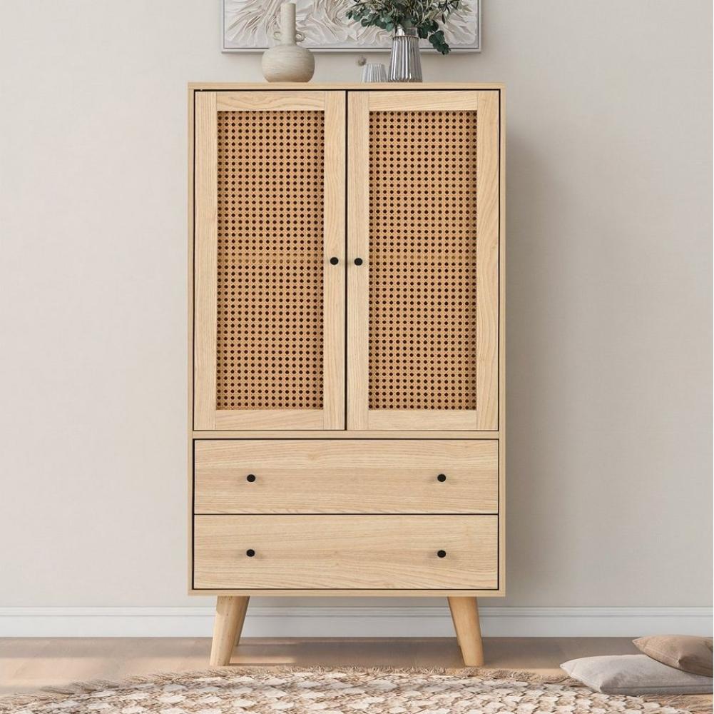 Merax Highboard mit 2 Türen mit Rattan-Geflecht und 2 Schubladen, Sideboard Holz,Kommode,B/H/T:60/120/40cm Bild 1