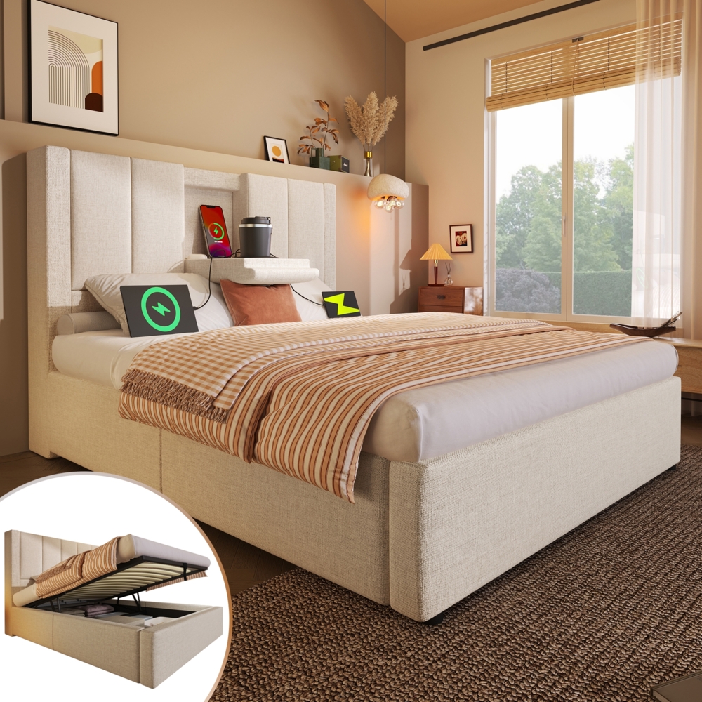 Merax Hydraulisches Polsterbett 90x200cm mit Becherhalter, Stauraumbett Einzelbett mit USB & Type C, Jugendbett mit Lattenrost, Leinen, Beige Bild 1