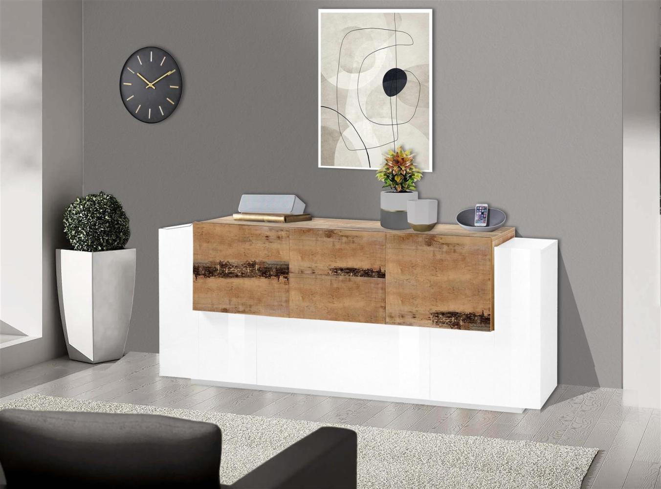Sideboard >Catania< in Weiß-Hochglanz / Ahorn - 220x86x45cm (BxHxT) Bild 1