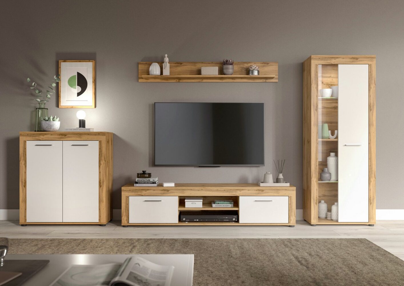 INOSIGN Wohnzimmer-Set Aosta, Breite 330cm, best. aus Highboard, Lowboard, Wandboard, Vitrine, (4-St), Wohnwand, Kombination, Anbauwand, Möbel Set, Schrankwand, Möbel Kombi Bild 1