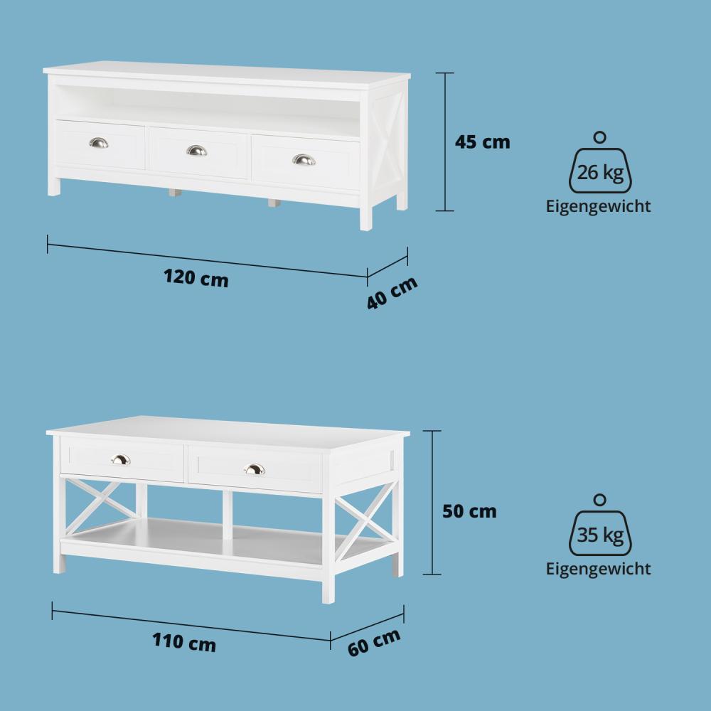 KHG Wohnzimmer Set aus TV-Lowboard und Couchtisch, Fernsehtisch & Wohnzimmertisch Holz Weiß, Schubladen, Abstellflächen, silberne Muschelgriffe, dekorative X-Streben, 4 Füße, maritimer Landhausstil Bild 1