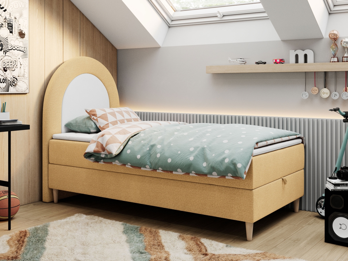 Kinderbett NEST, Boxspringbetten für Kinderzimmer, Jugendbett, Einzelbett mit Matratze 90 x 160 cm - Gelb Stoff - Topper T25 Bild 1