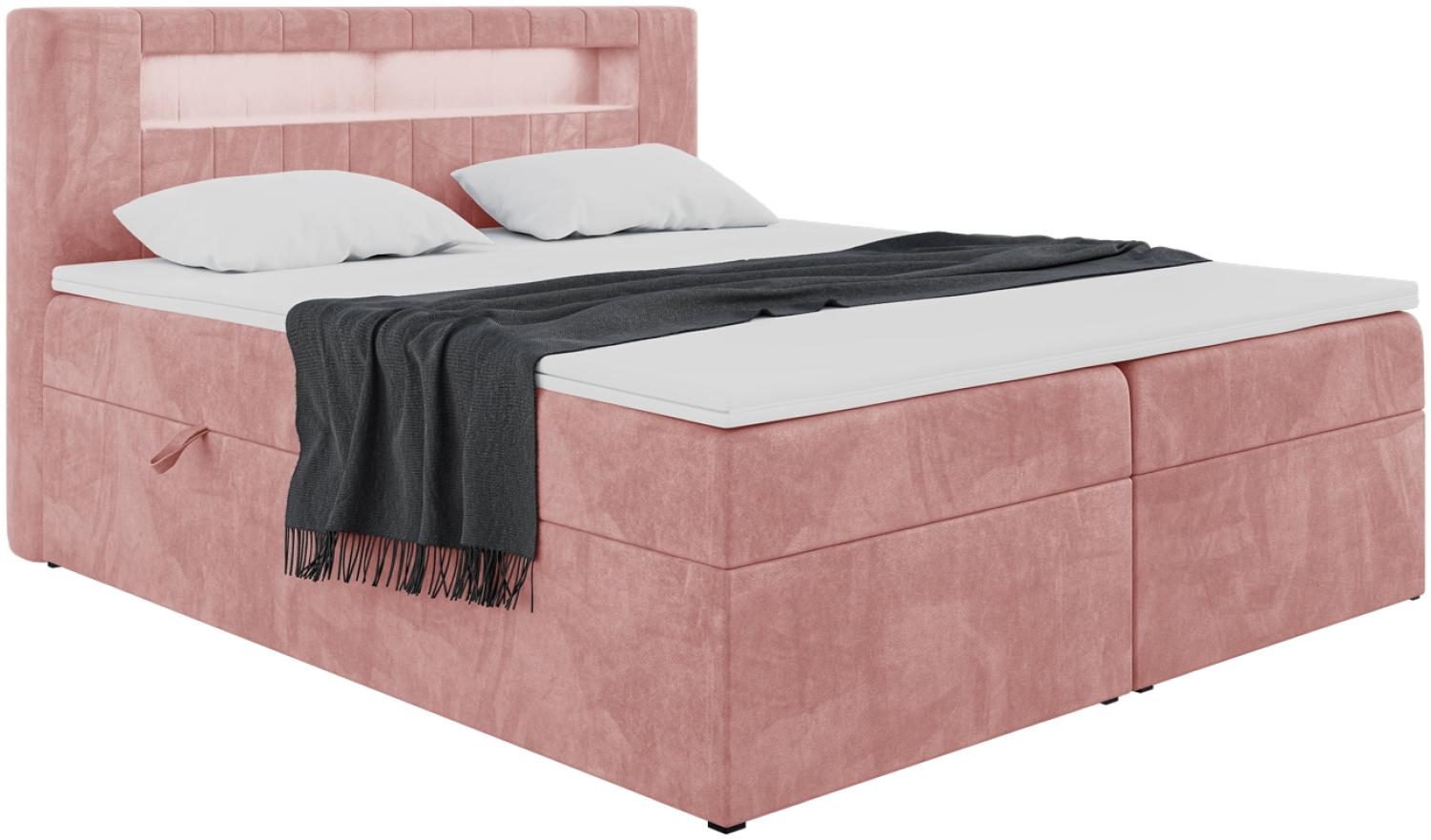 MEBLINI Boxspringbett ASPIN 120x200 cm mit Bettkasten und LED - H3/Rosa Samt Polsterbett - Doppelbett mit Topper & Taschenfederkern-Matratze Bild 1