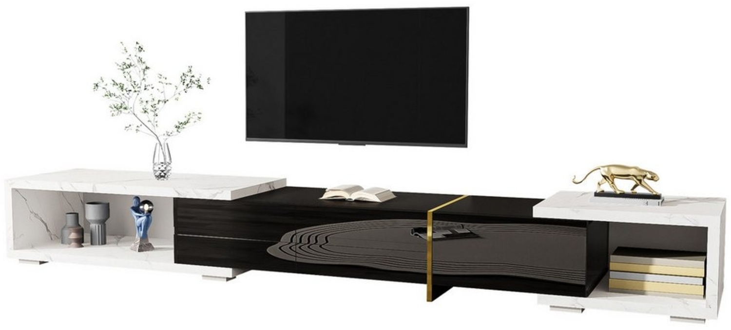 OKWISH Lowboard TV-Schrank mit flexibler Länge von 140-260 cm (Fernsehtisch,TV-Board,TV-Ständer, 1 St, 3 Türen), Marmoroptik, goldenen Akzenten und großzügigem Stauraum Bild 1