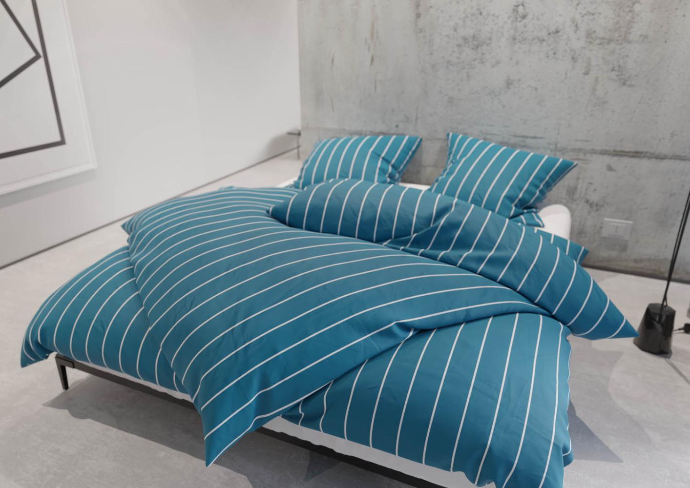 Mako Satin Bettwäsche Urban Stripe petrol blau 155x220 + 80x80 Bild 1