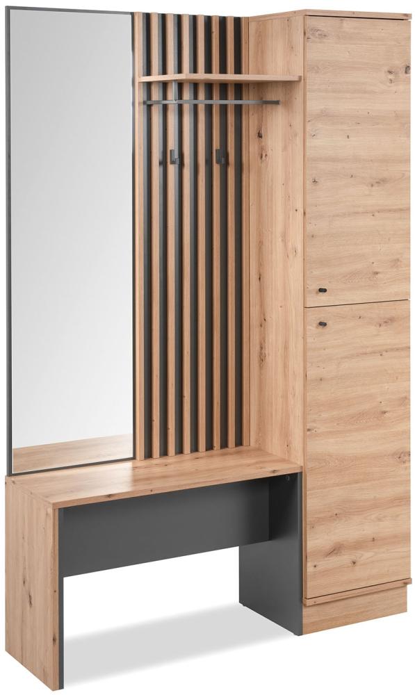 Industrial Style Garderobe mit Sitzbank Kleiderständer Garderobenschrank Spiegel Flurgarderobe Garderobenpaneel Flurmöbel Holz Eiche Anthrazit 2 Kleiderhaken Bild 1