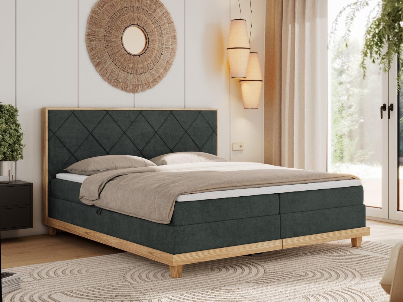 Boxspringbett mit Massivholzelementen und Multipocket - Matratzen - CAICOS - 140 x 200 cm - Dunkelgrau Stoff - H3 Bild 1