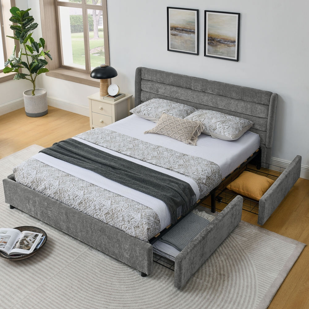 Doppelbett 160x200 cm Dunkelgrau mit 4 Schubladen, Chenille Bezug, stabiles Bettgestell aus Holz und Metall, Stauraumbett Bild 1