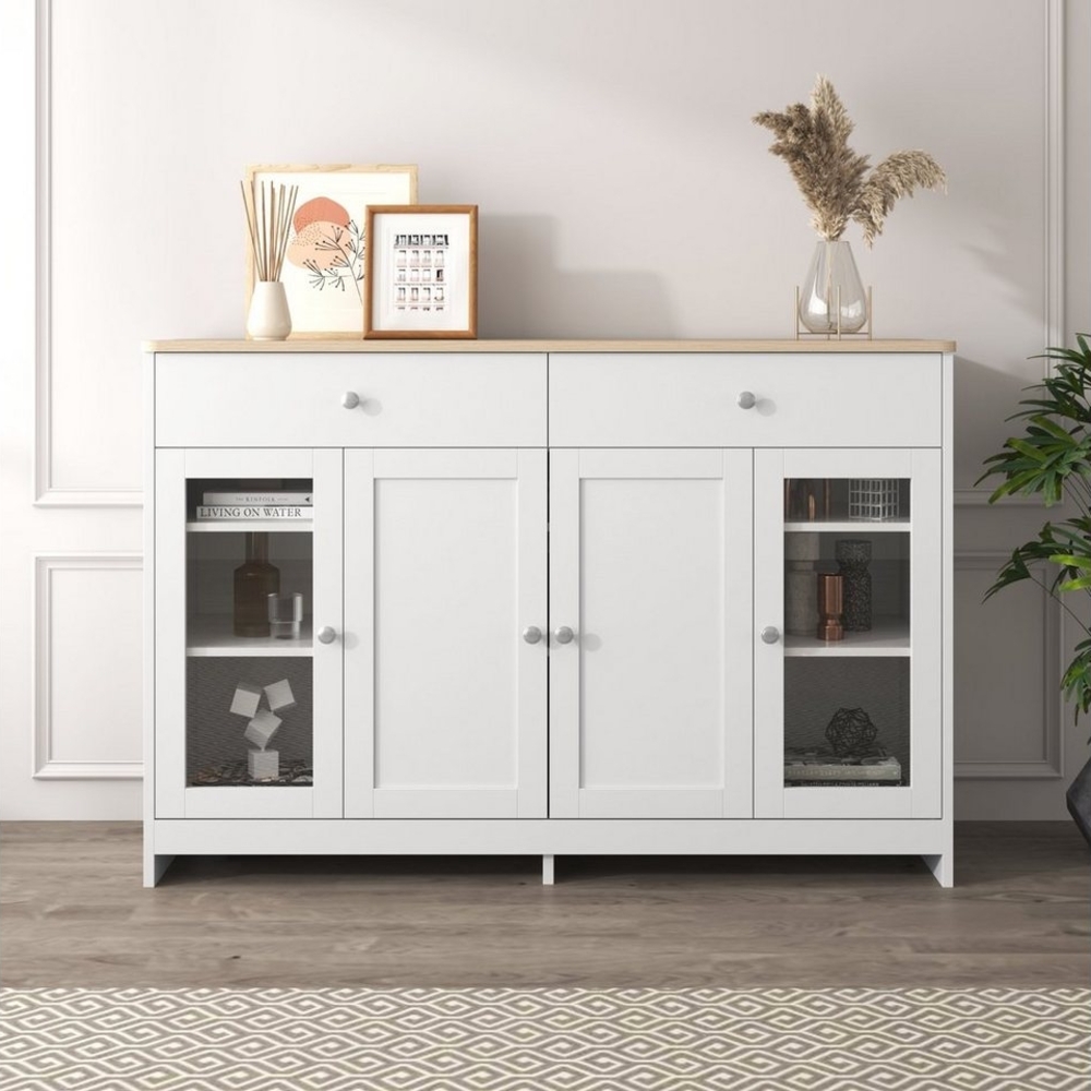 Ulife Sideboard Weiß Küchenschrank mit 4 Türenmit Glas,2 Schubladen, 120 x 37 x 80 cm Bild 1