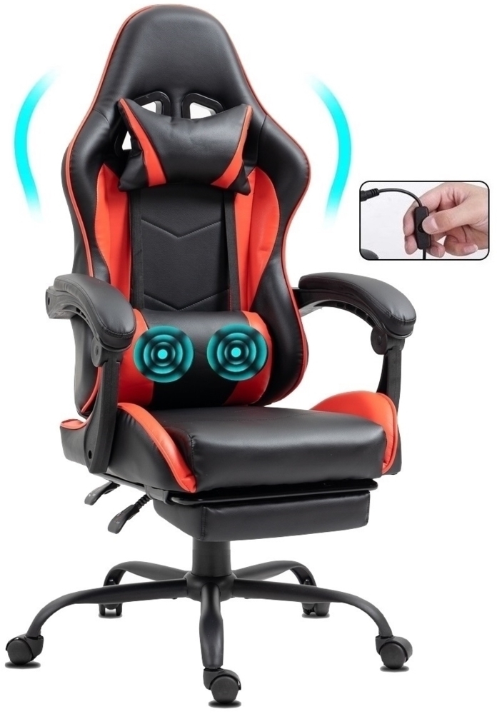 Delman Bürostuhl Gaming Stuhl Massage Gaming Sessel Ergonomischer mit Fußstütze Kopfstütze Massage-Lendenkissen Gaming Chair Drehsessel 02-0042 Rot Bild 1
