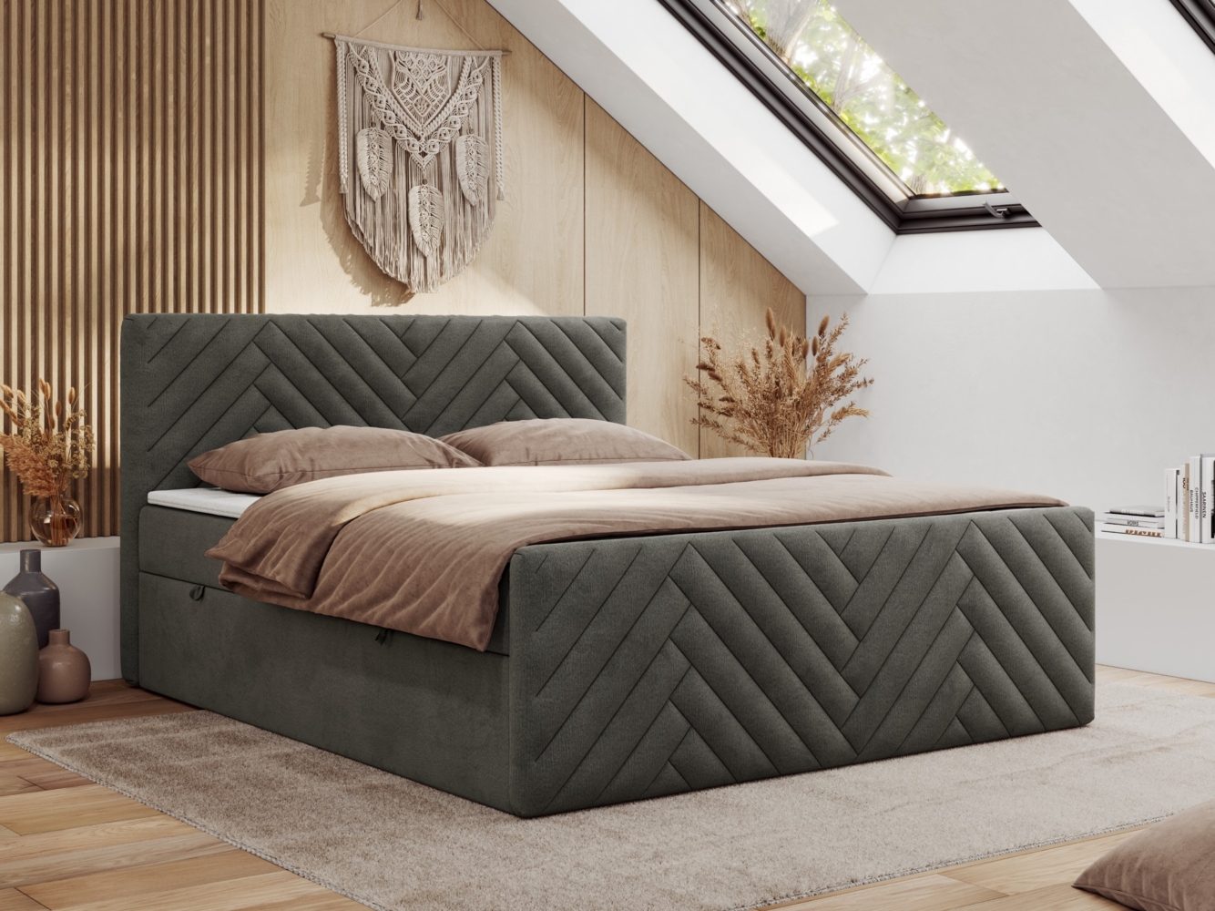 Boxspringbett mit zwei Bettkästen, 7 Härtezonen Multipocket-Matratzen, dekoratives Kopfteil und Front, Doppelbett - PARIS DUO - 200 x 200 cm - Dunkelgrau Velours - H3 Bild 1