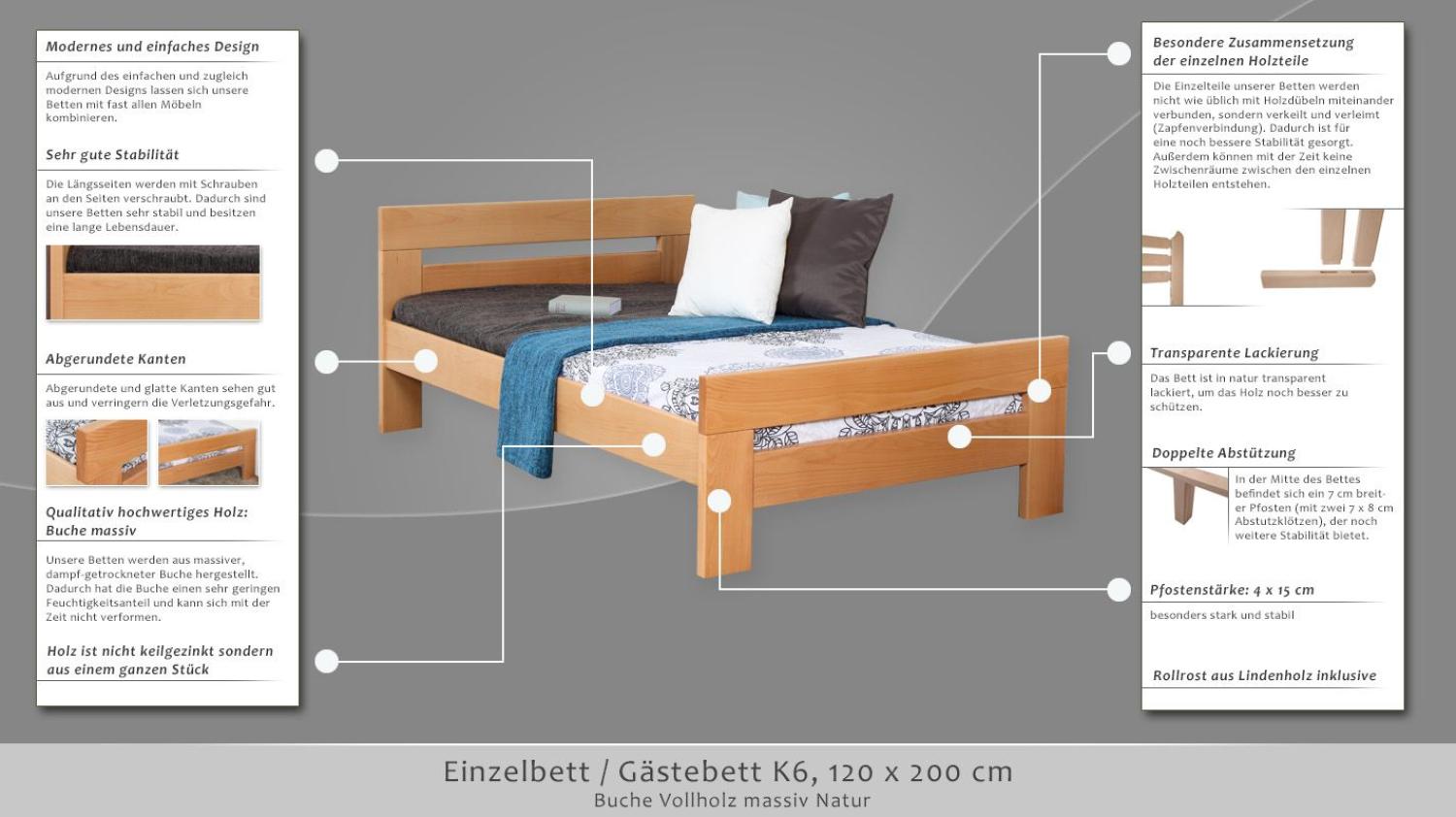 Einzelbett / Gästebett "Easy Premium Line" K6, 120 x 200 cm Buche Vollholz massiv Natur Bild 1