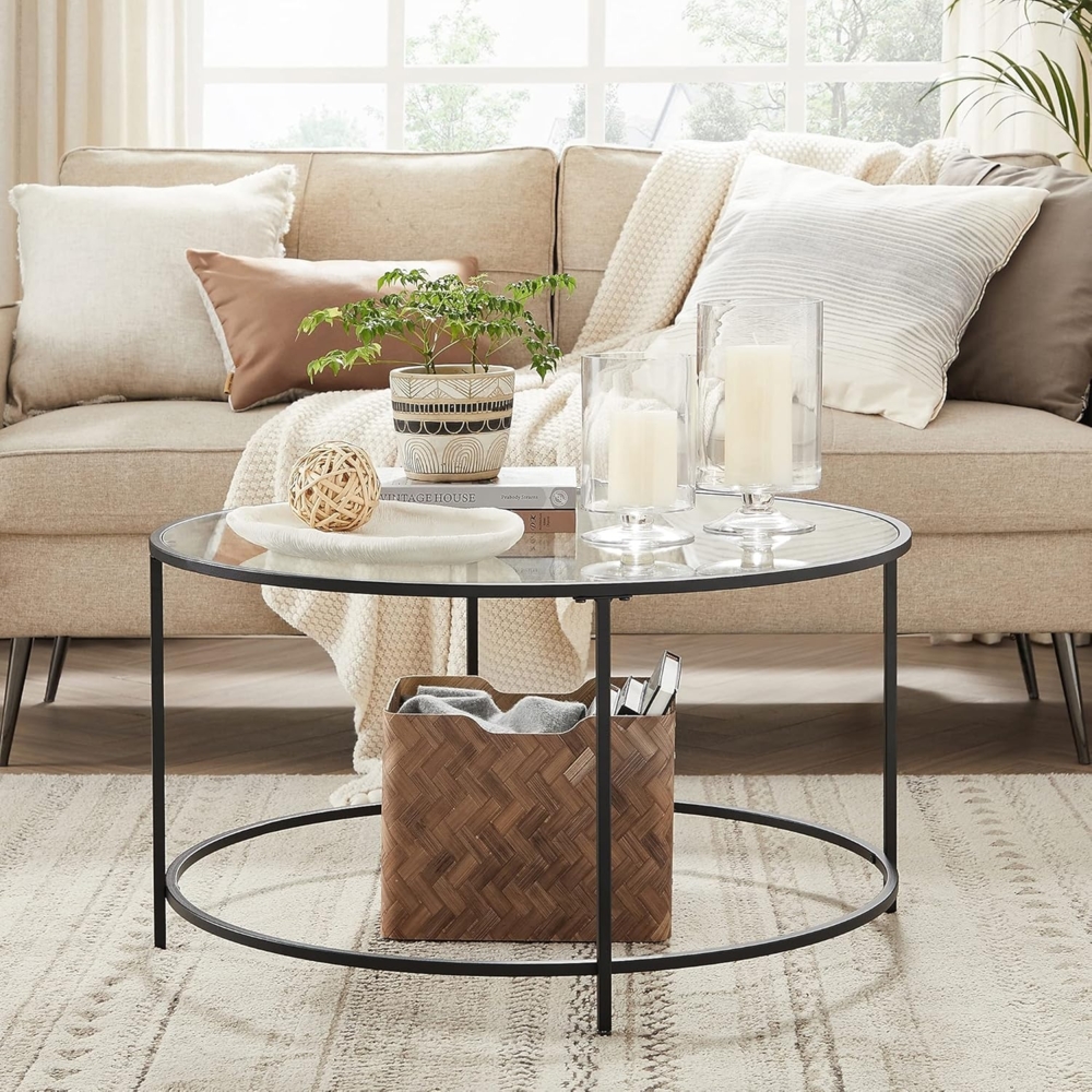 Vasagle Couchtisch, Beistelltisch rund, Glastisch mit Metallgestell, Hartglas, Nachttisch, Sofatisch, für Balkon, schwarz, Ø 84x45,5 cm Bild 1