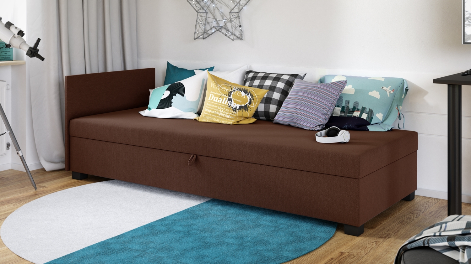 Sofa Misti II - Einzelbett, Schlafsofa mit Bettkasten, Bettsofa, Farbauswahl, Bettgestell, Komfortbett, Bett für Jugendzimmer, Schlafmöbel (Braun (Lux 12)) Bild 1