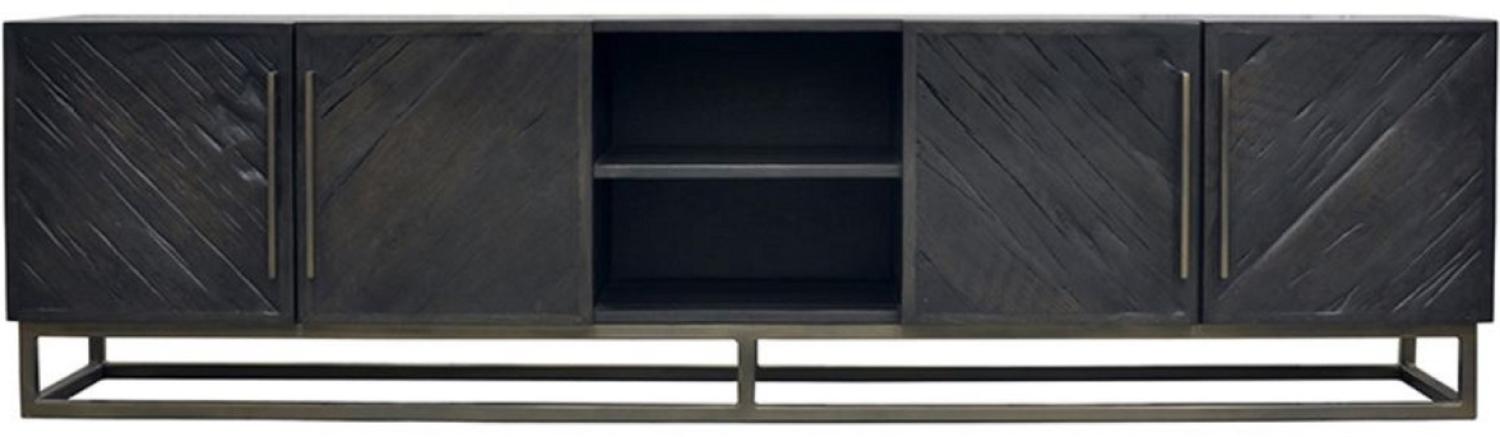 Casa Padrino Luxus Massivholz TV Schrank Schwarz / Messing 220 x 43 x H. 60 cm - Rustikales Eichenholz Wohnzimmer Sideboard mit 4 Türen - Rustikale Luxus Massivholz Wohnzimmer Möbel Bild 1