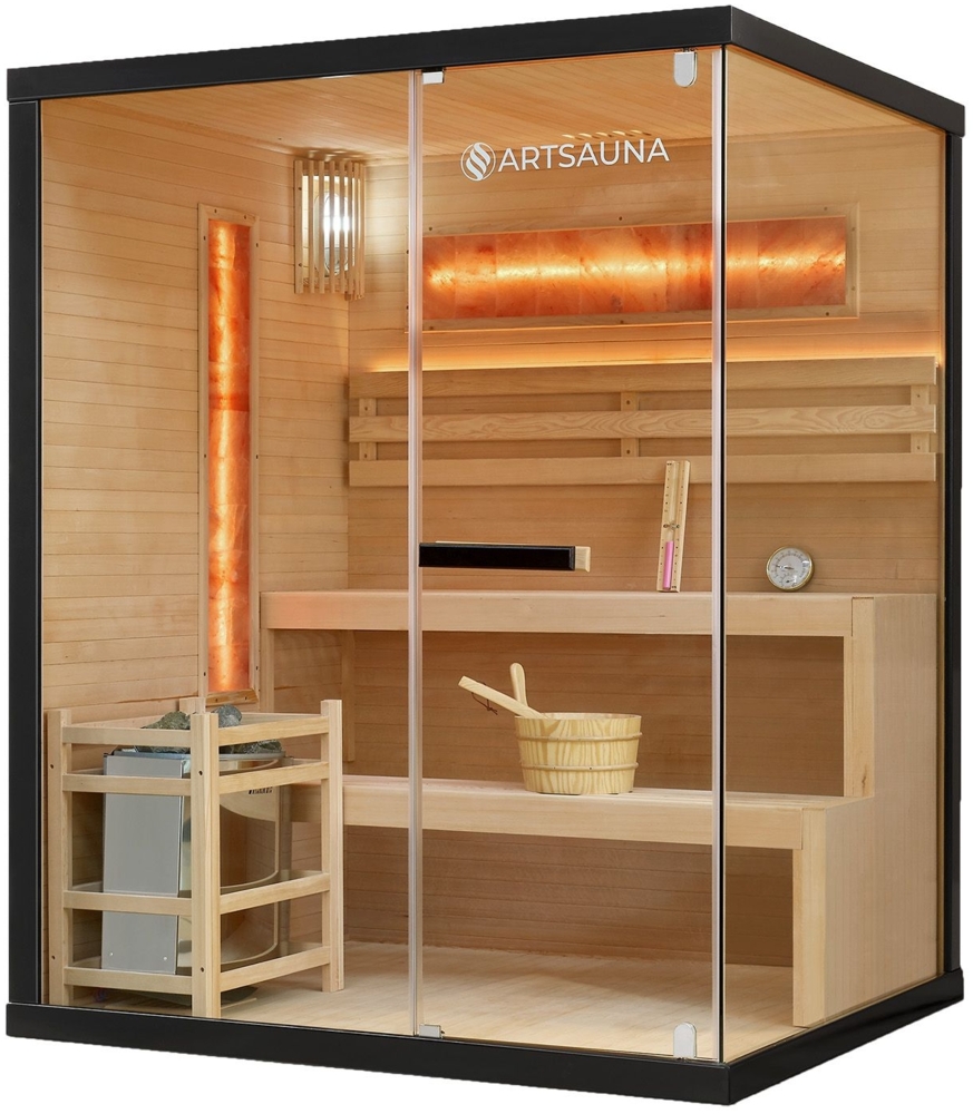 Artsauna Saunakabine Vantaa 150 mit Salzstein - Indoor Sauna 3 Personen - 4,5kW Ofen, Glasfront, LED Licht, Thermometer & Sanduhr - Komplett Set Bild 1
