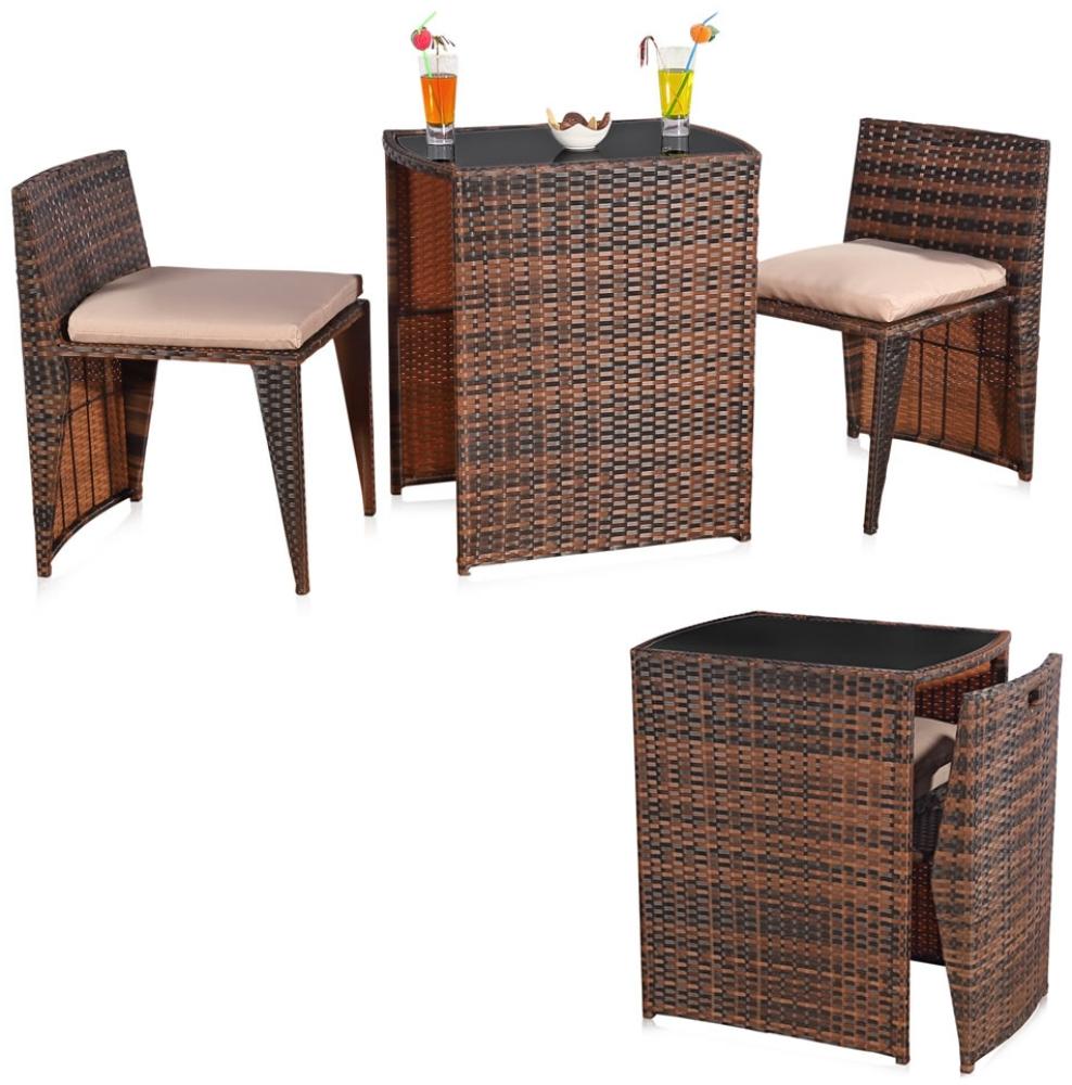 3er Set Gartenmöbel 2 Sitzhocker und Tisch aus Poly Rattan in Braun Sitzgarnitur Bild 1