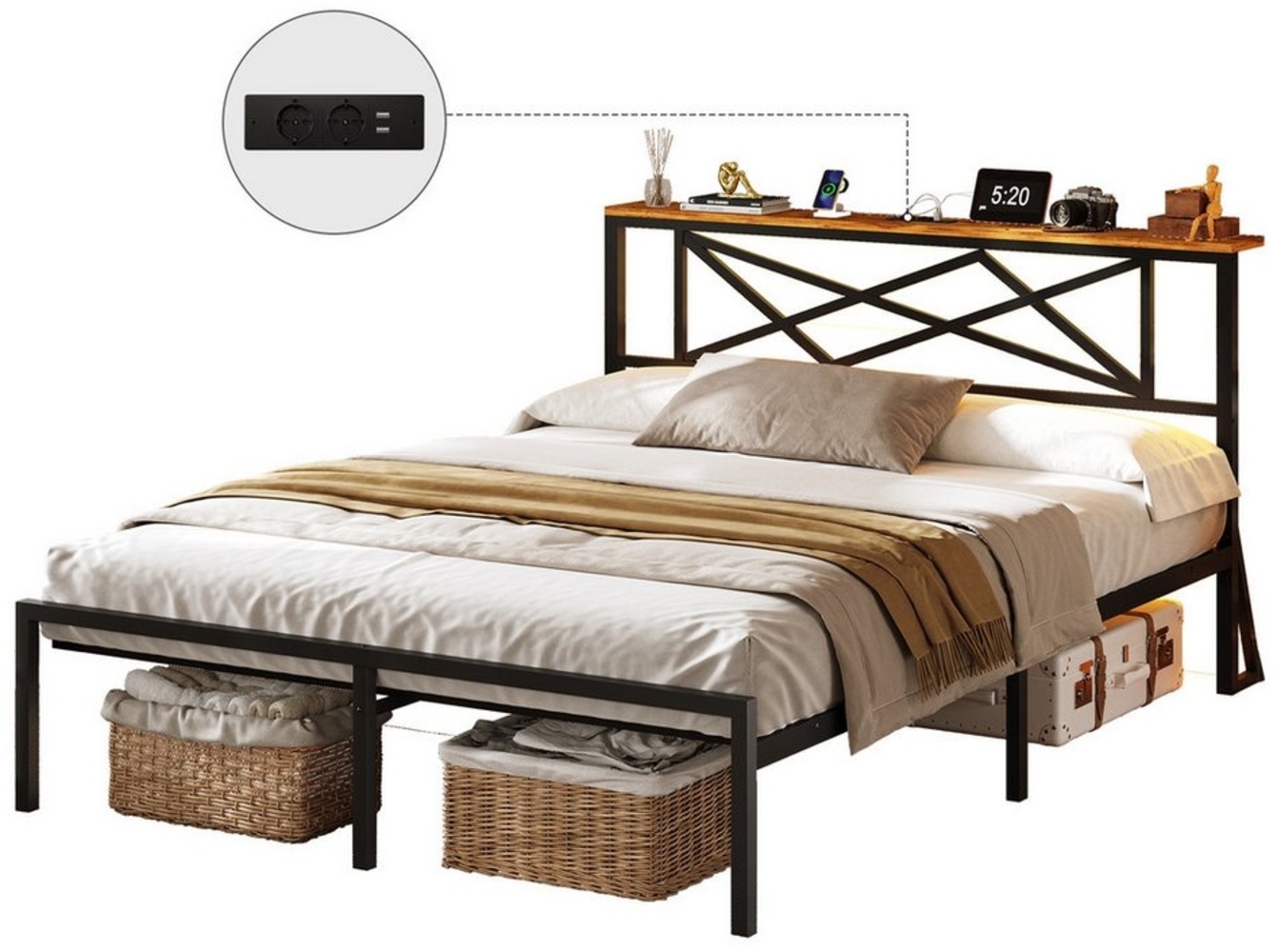 MSMASK Bettgestell mit LED Beleuchtung und Steckdose USB-Anschlüsse, Schwarz (1-tlg, Ohne Matratze), 140*200cm Bild 1