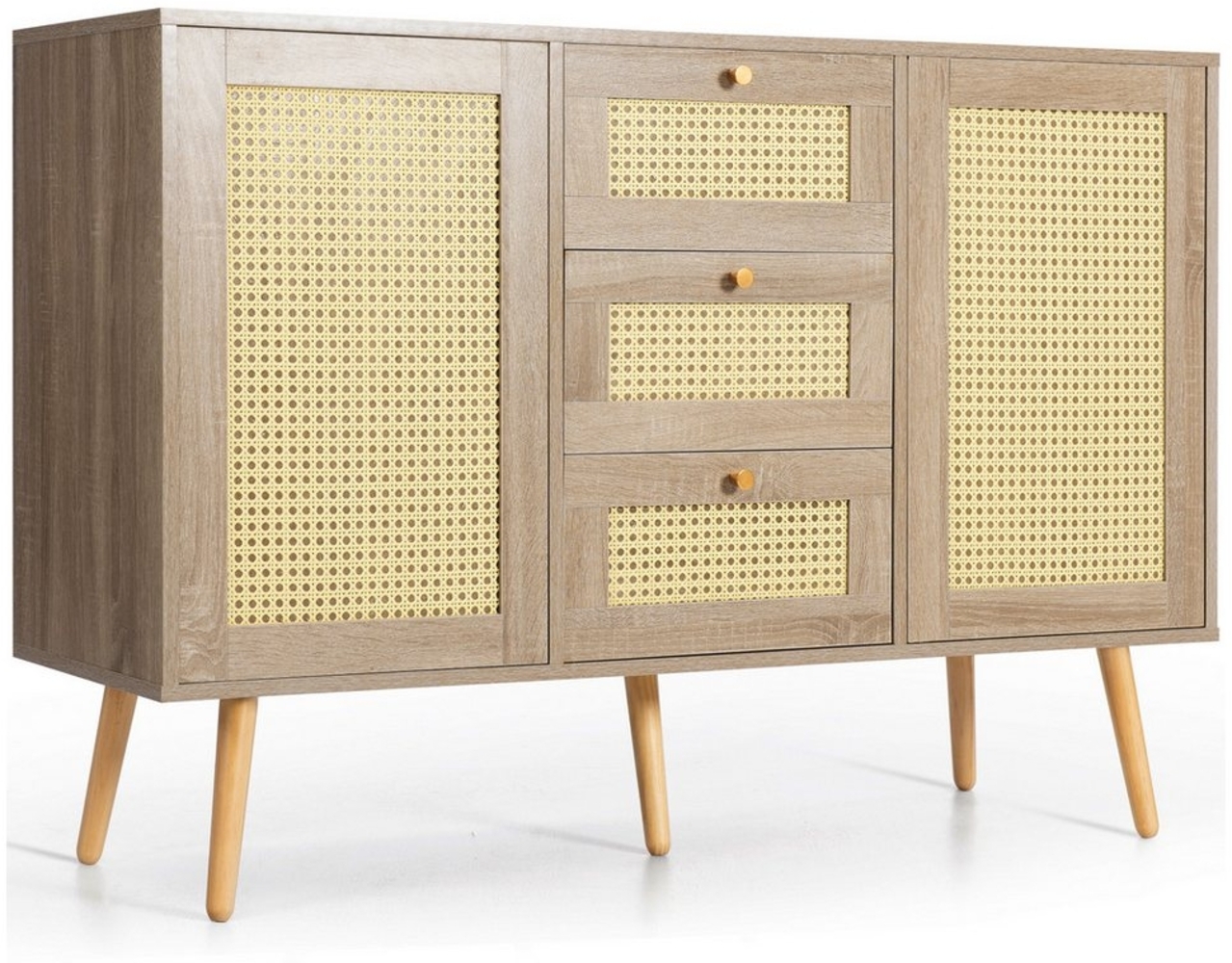 Refined Living Sideboard Schubladenschrank Kommode Rattangeflecht Stauschrank Massivholzfüßen (120 x 82 x 40 cm (B/H/T) mit 2 Türen und 3 Schubladen, Staubschutz, Vielseitiger Stauraum und elegantes Design, 1 St, Rattan Sonoma Eiche, Verstellbare Ablag... Bild 1