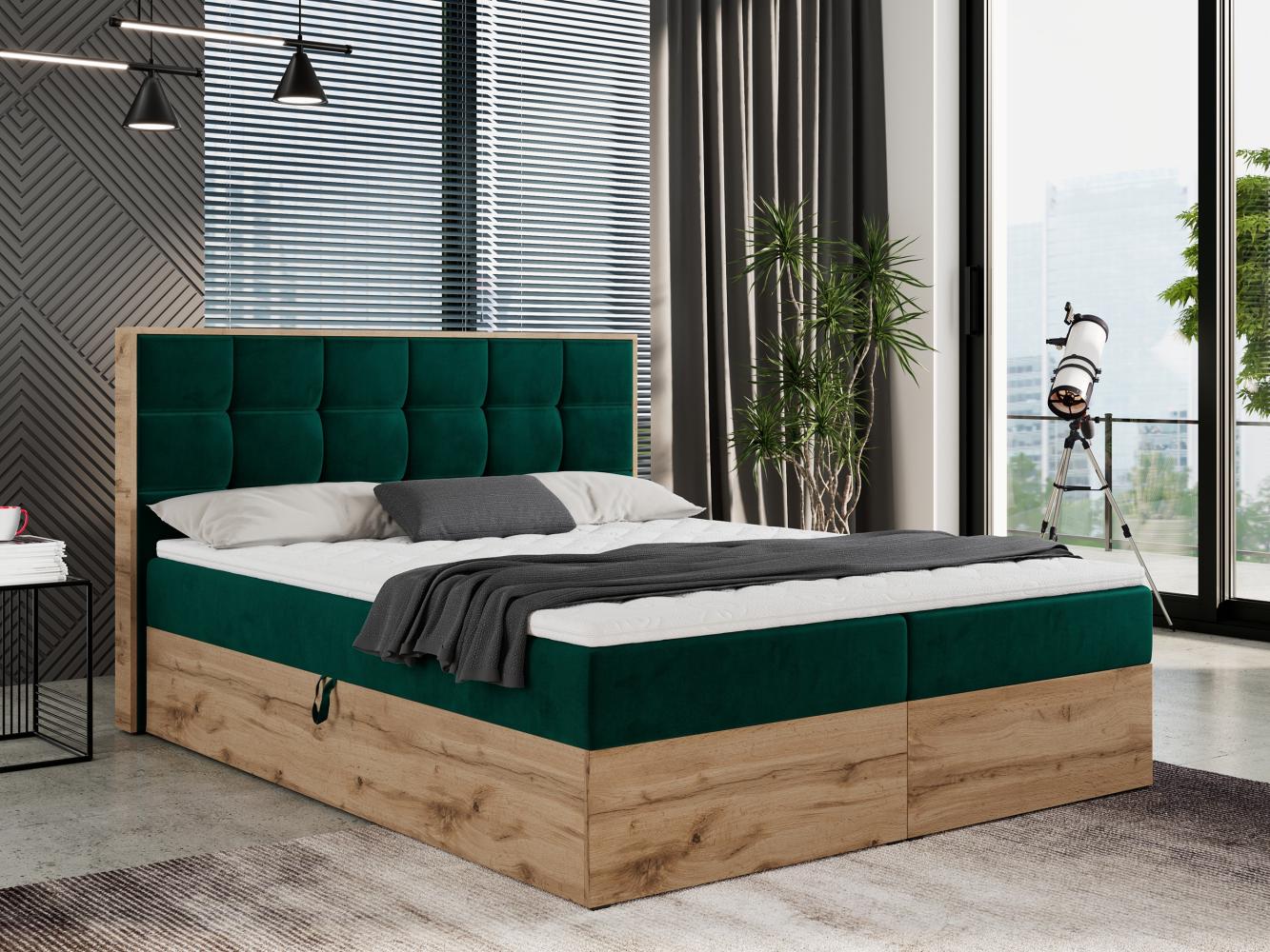 Boxspringbett mit Kopfteil und Topper, Polsterbett - ALBERO 1 - 140 x 200 cm - Dunkelgrün Velvet - H4 Bild 1