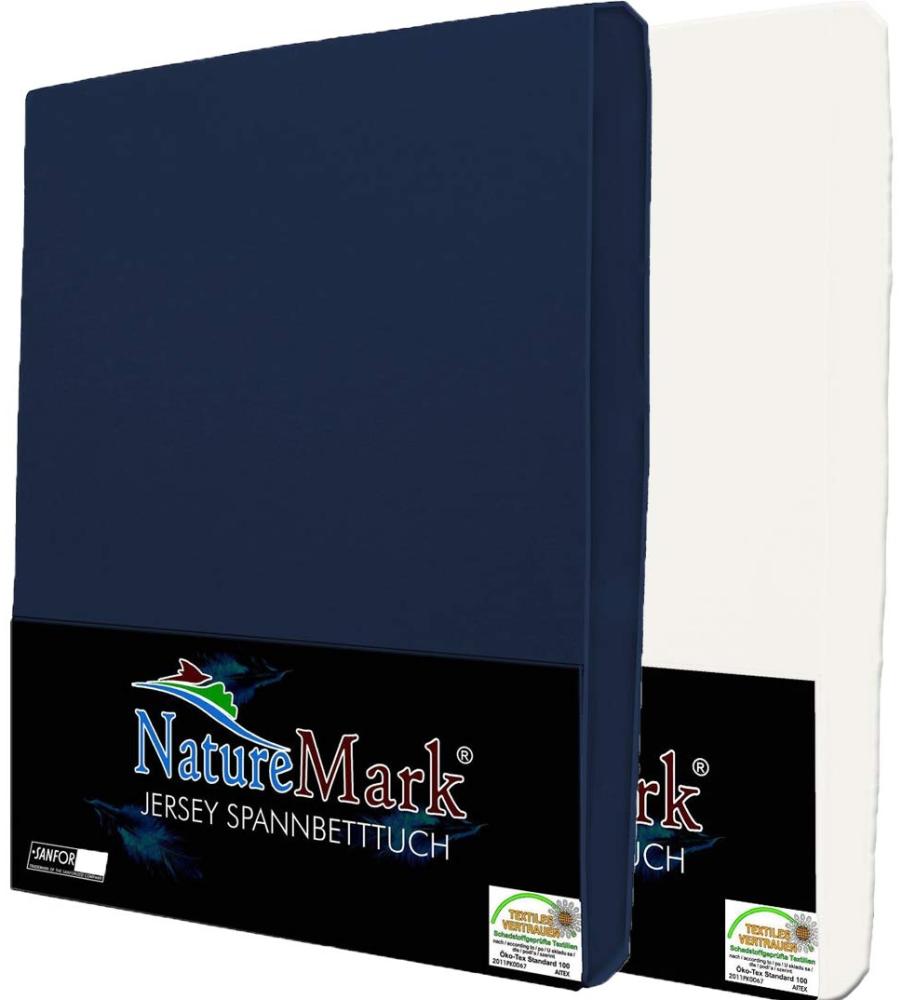 NatureMark 2er Pack Jersey Spannbettlaken, Spannbetttuch 100% Baumwolle in vielen Größen und Farben MARKENQUALITÄT ÖKOTEX Standard 100 | 120x200 cm - Navy/Weiss Bild 1