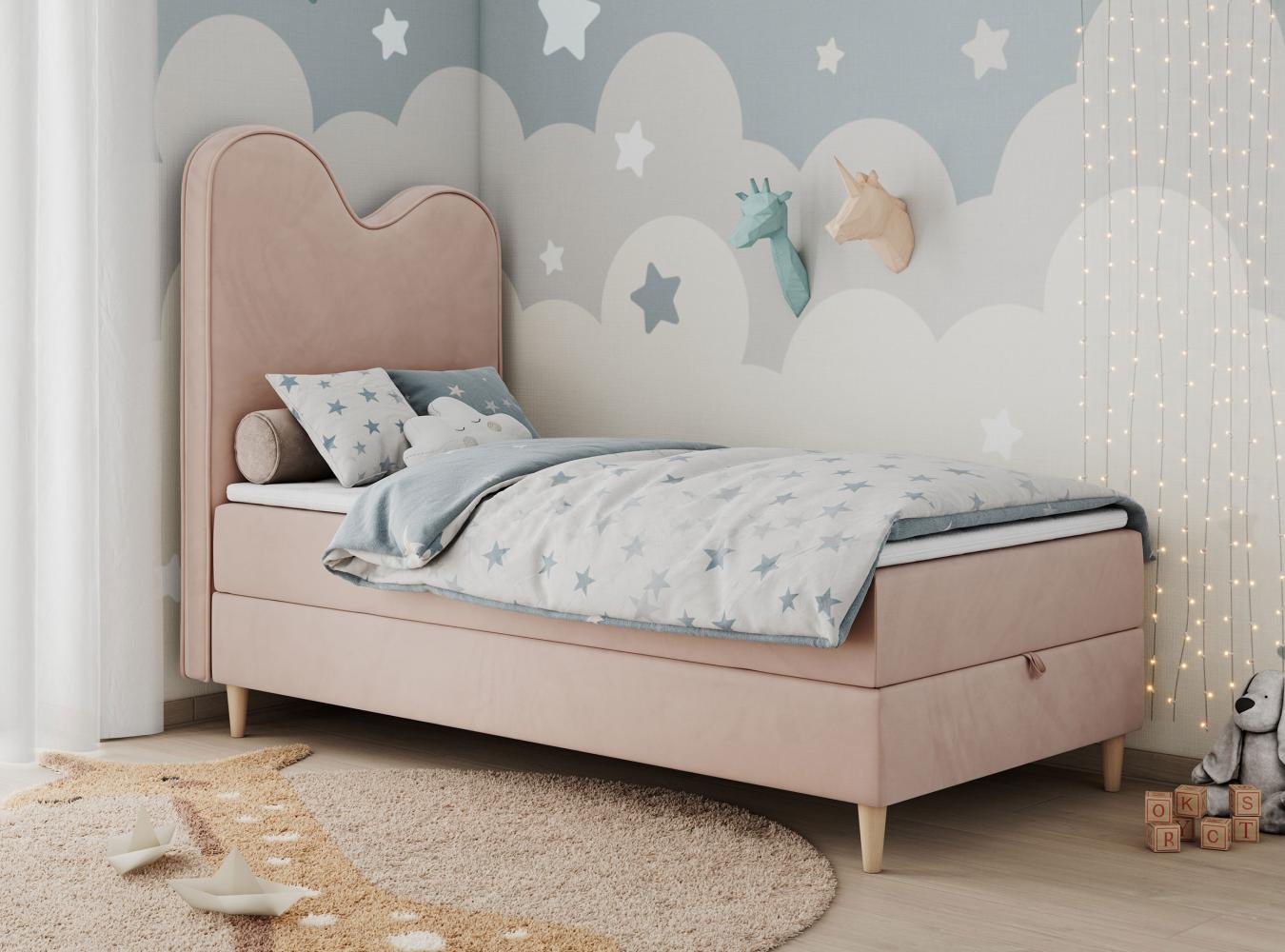 Kinderbett FLOW, Boxspringbett für Kinder, mit hohem Kopfteil, Einzelbett mit Matratze - 90x180 - Hellrosa Velours - Topper Visco Bild 1