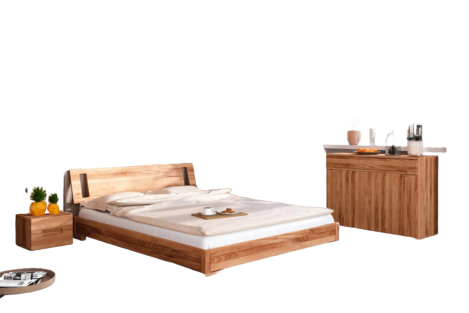 Bett Bento 14 Sonderlänge 140x210 Kernbuche massiv Holzkopfteil und Holzbeine Bild 1