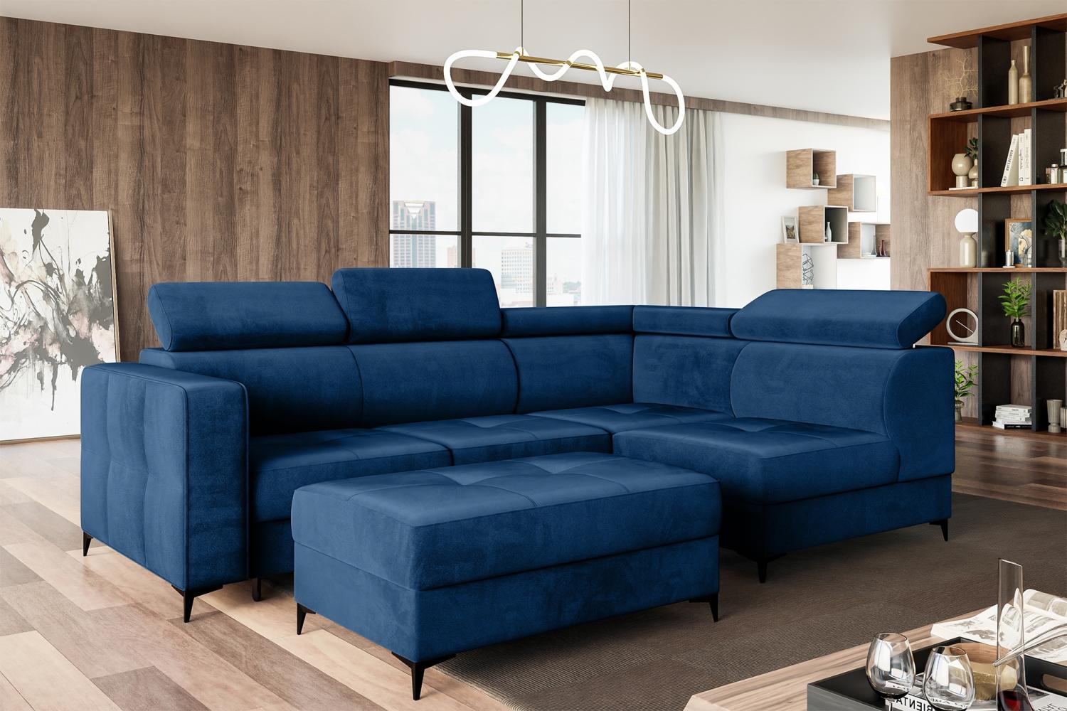 MEBLINI Schlafcouch mit Bettkasten - DORIAN - 263x232x89cm Rechts – Blau Samt - Ecksofa mit Schlaffunktion - Sofa mit Relaxfunktion und Kopfstützen - Couch L-Form - Eckcouch - Wohnlandschaft Bild 1