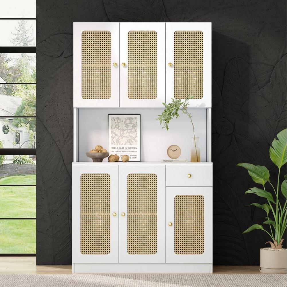 Merax Hochschrank mit Schublade und 6 Rattantüren Highboard mit Einlegeböden,Mehrzweckschrank,Küchenbuffet,Bücherschrank Bild 1