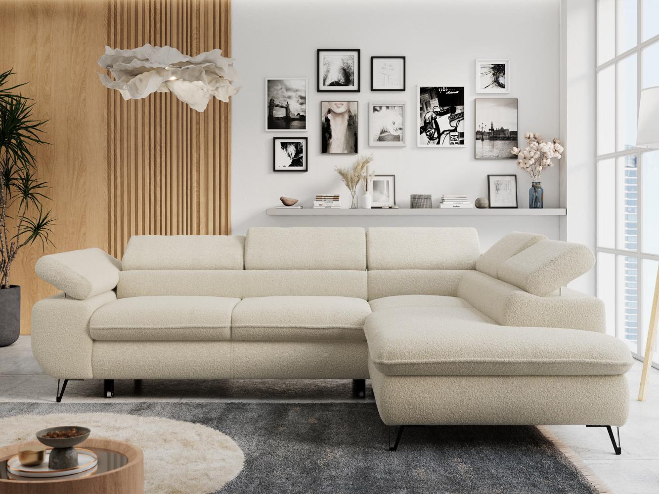 Mks Möbel 'Peter L-form' Ecksofa mit Bettfunktion, Bettkasten & einstellbaren Kopfstützen, Beige, Boucle, mit Topper, rechts Bild 1