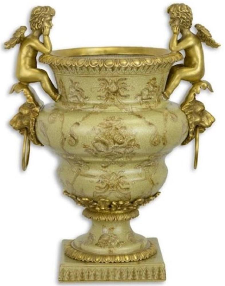 Casa Padrino Jugendstil Blumentopf Grün / Gold 27 x 19,8 x H. 33,8 cm - Porzellan Pflanzentopf mit Bronze Engelsfiguren und Löwenkopf Griffen - Deko Accessoires Bild 1