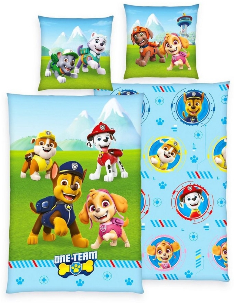 Herding Kinderbettwäsche 135x200 cm Paw Patrol Hunde One Team Patrouille, Renforcé, 2 teilig, Everest und Skye Superhelden in den Bergen, mit Knopfleiste Bild 1