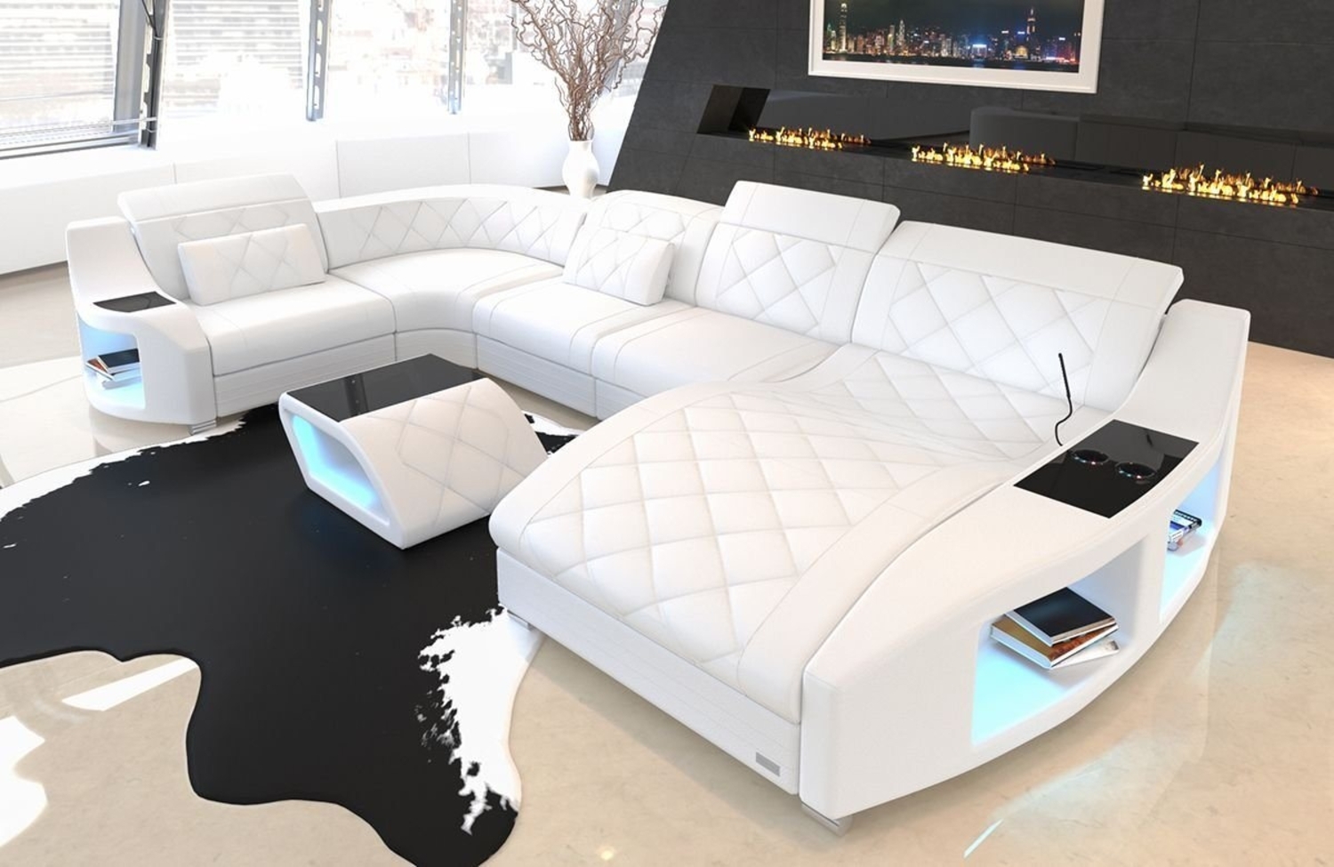 Sofa Dreams Wohnlandschaft Sofa Leder Swing U Form Ledersofa Ledercouch, Couch, mit LED, wahlweise mit Bettfunktion als Schlafsofa, Designersofa Bild 1