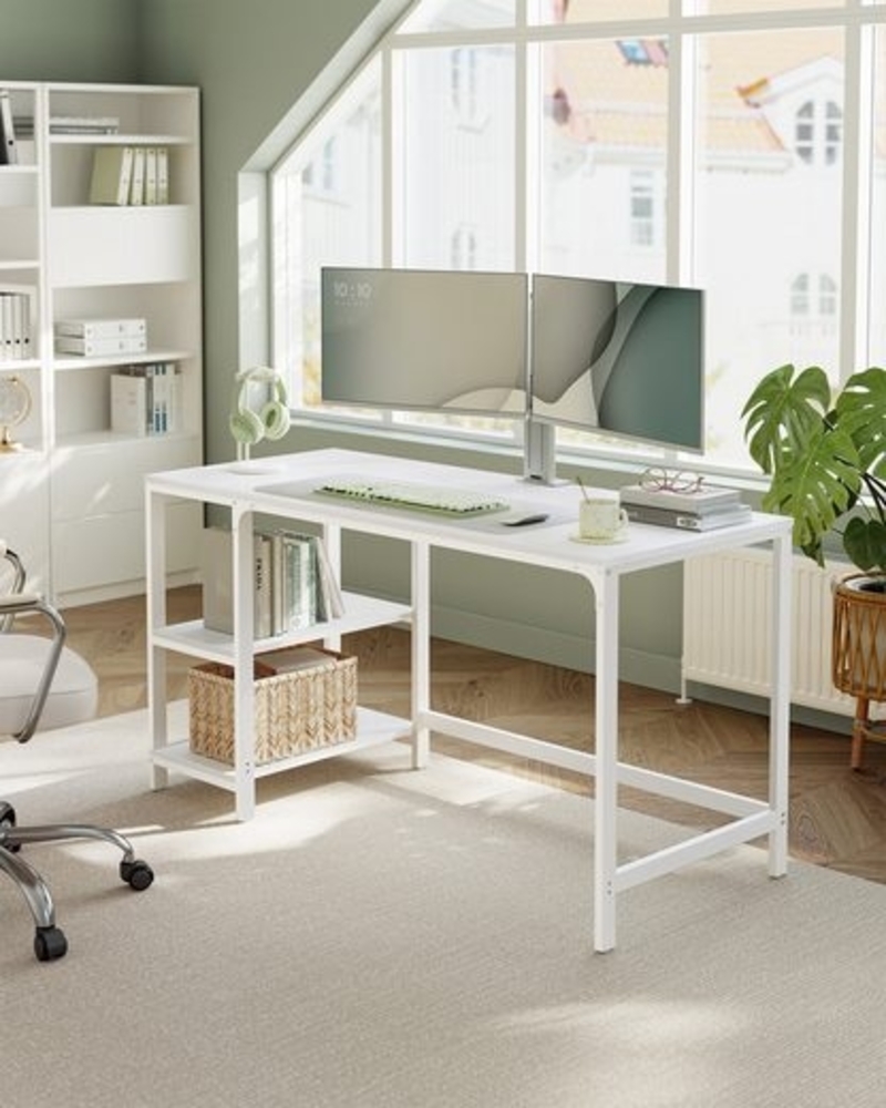 VASAGLE Schreibtisch, Computertisch, PC-Tisch, Bürotisch, mit 2 Ablagen auf der rechten oder linken Seite, fürs Büro, Wohnzimmer, Stahlgestell, Industrie-Design, ahornweiß Bild 1