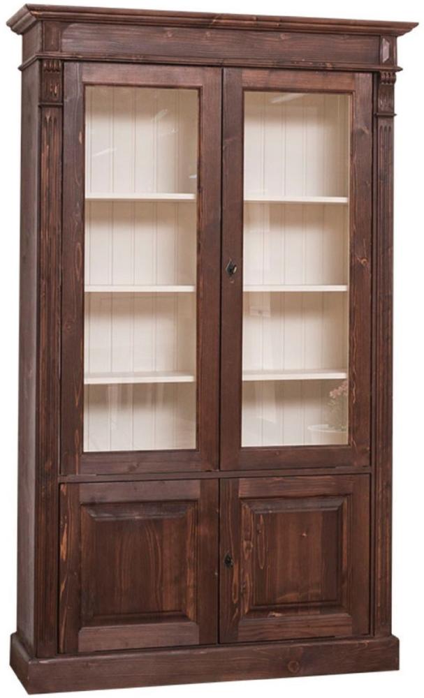 Casa Padrino Landhausstil Bücherschrank Dunkelbraun / Creme 119 x 39 x H. 197 cm - Wohnzimmerschrank mit 4 Türen - Massivholz Schrank - Vitrinenschrank - Landhausstil Wohnzimmermöbel Bild 1