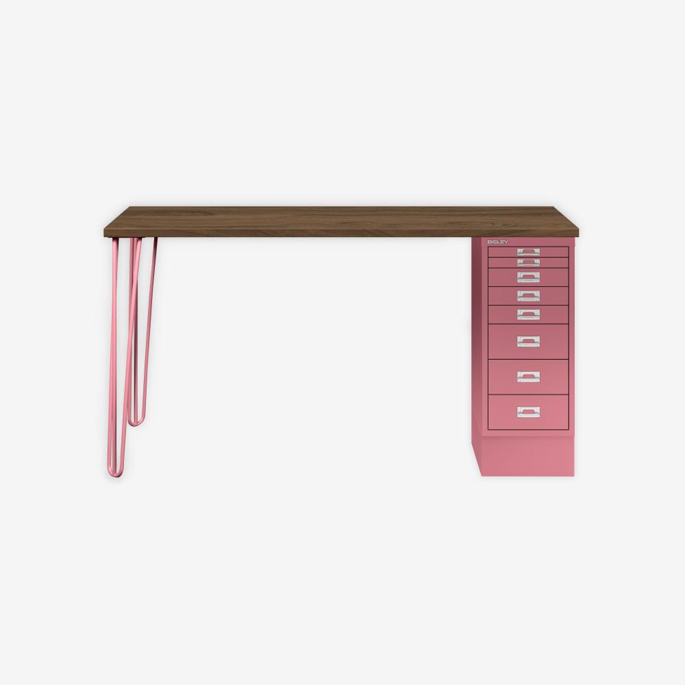 MultiDesk, 2 Stahlfüße, 1 MultiDrawer mit 8 Schüben, Dekor Nussbaum, Farbe Pink, Maße: H 740 x B 1400 x T 600 mm Bild 1