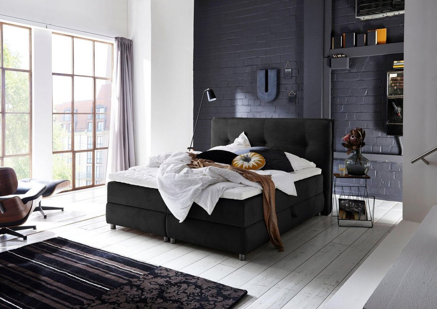 Atlantic Home Collection TILO Boxspringbett inklusive Topper (Härtegrad H2) und Stauraumfunktion beidseitig, schwarz, 160x200 cm Bild 1