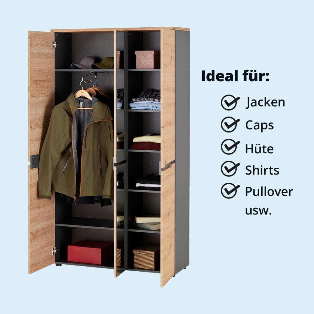 KHG Garderobenschrank 3-türig aus Holzstoff, Schrank mit 7 Fächern, inkl. Spiegeltür, Soft-Close, Front mit Griffausfräsung, Mehrzweckschrank, ideal für Jacken, Schuhe und Kleidung Bild 1