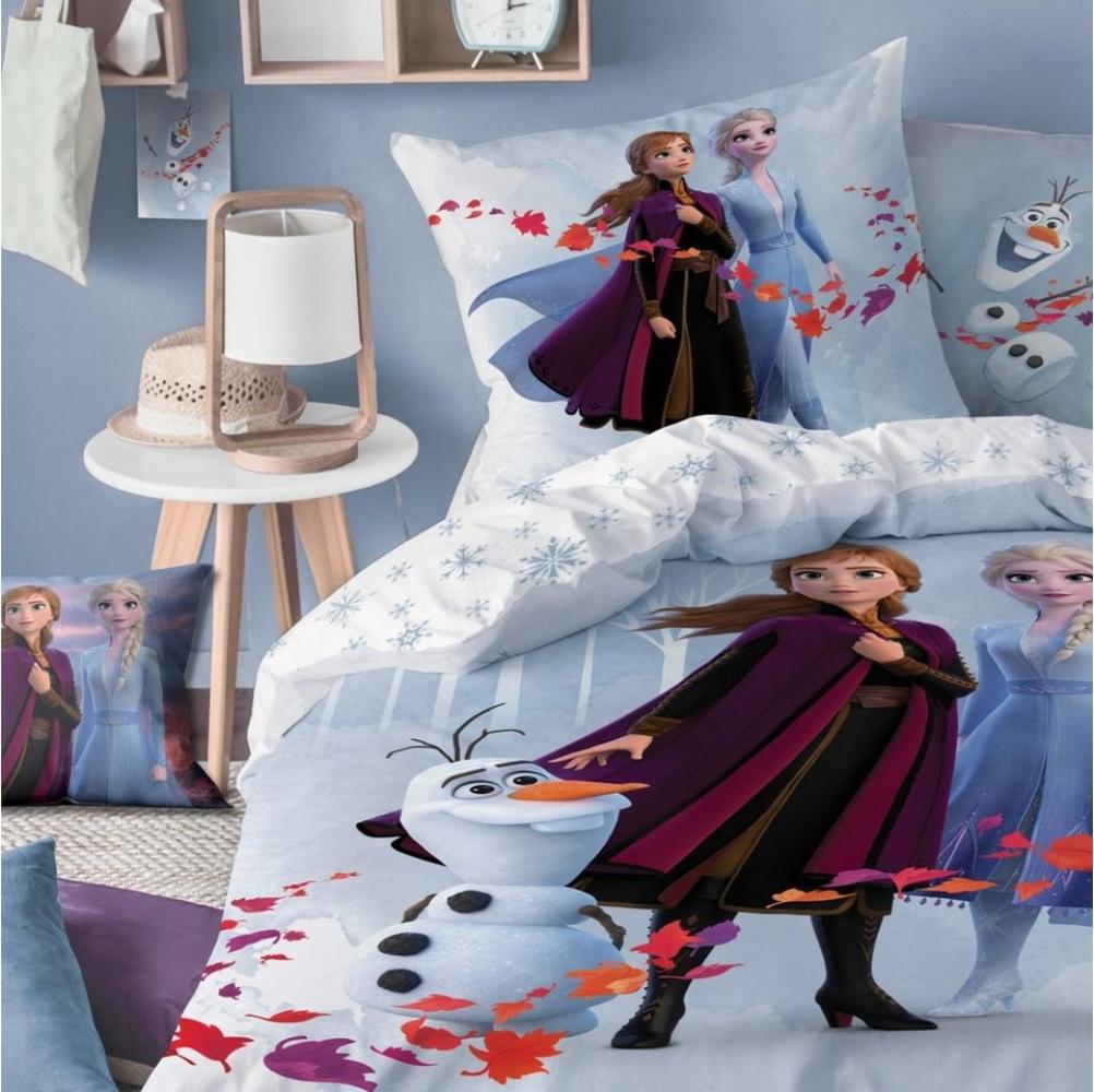 MTOnlinehandel Bettwäsche Frozen Eiskönigin 135x200+80x80 cm, 100 % Baumwolle, Flanell, 2 teilig, Disney's Kinderbettwäsche mit Anna, Elsa & Olaf Biber Mädchen Bild 1