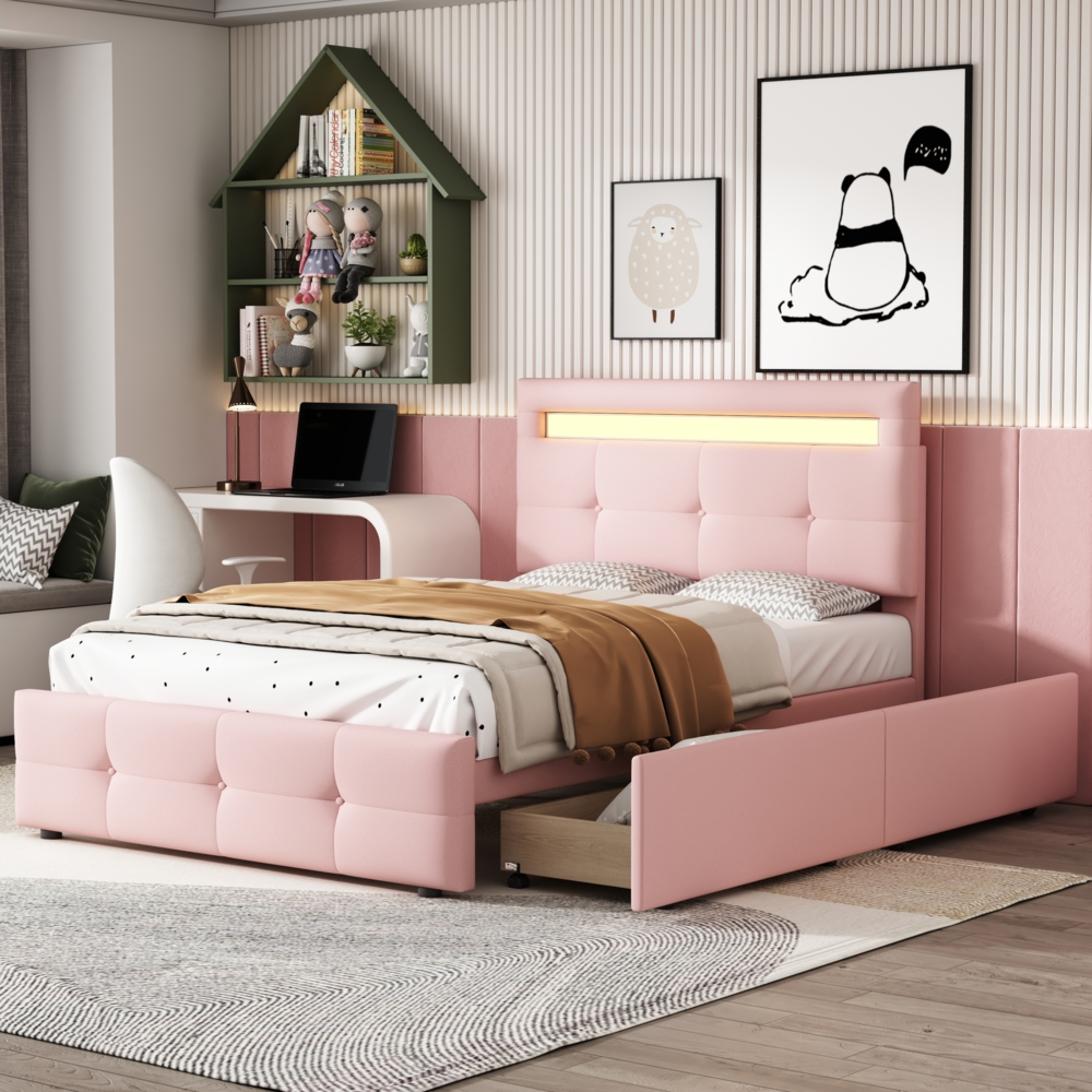 ComfortXL Bett mit LED M075-01, Holzwerkstoff, Rosa, 210x99x106cm Bild 1