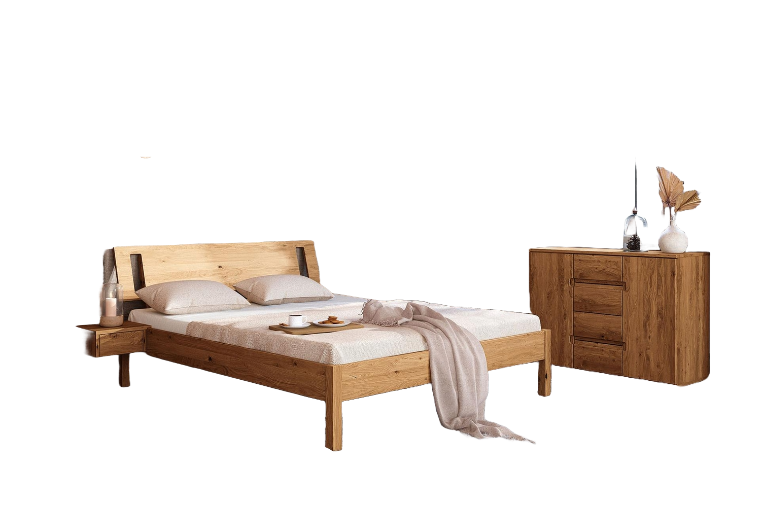 Bett Bento 8 Sonderlänge 90x220 Wildeiche massiv mit Holzkopfteil und Holzbeine Bild 1