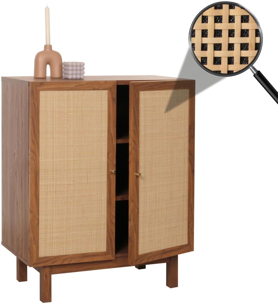 Highboard HWC-M51, Kommode Schrank Sideboard, Staufächer, Massiv-Holz Mango Kubu Rattan 98x79x42cm ~ Walnuss-Optik Bild 1