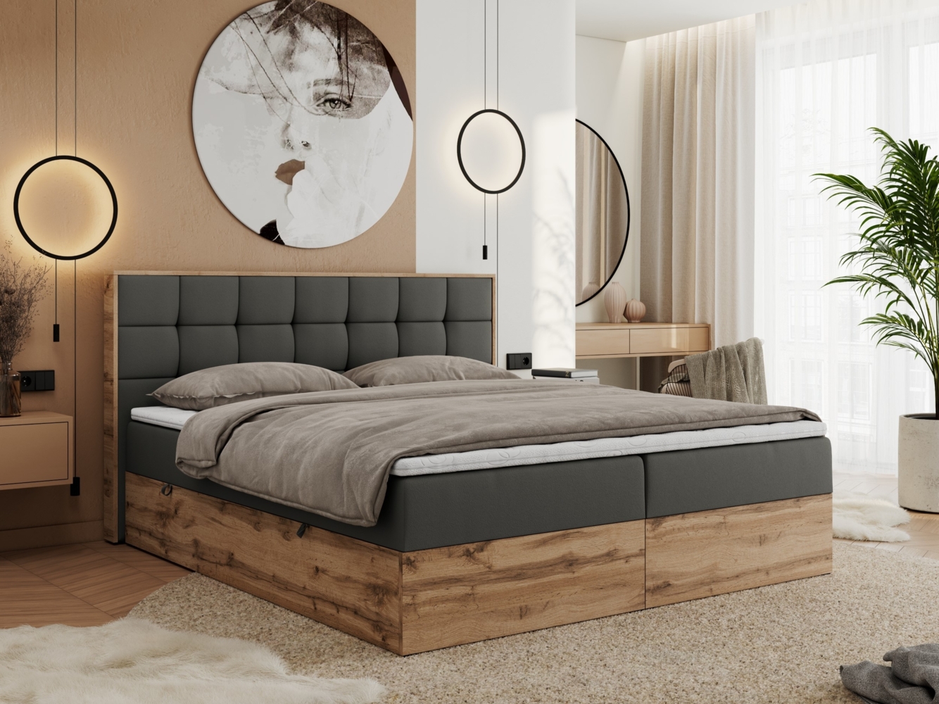 Boxspringbett mit Kopfteil und Topper, Polsterbett - ALBERO 1 - 180 x 200 cm - Dunkelgrau Kunstleder - H4 Bild 1