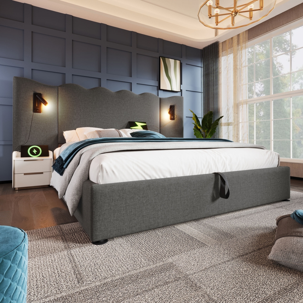 Polsterbett 180x200 cm Leinenstoff Wellenkopfteil mit Stauraum, USB/Type-C Ladefunktion & drehbarer Leselampe,Grau Bild 1