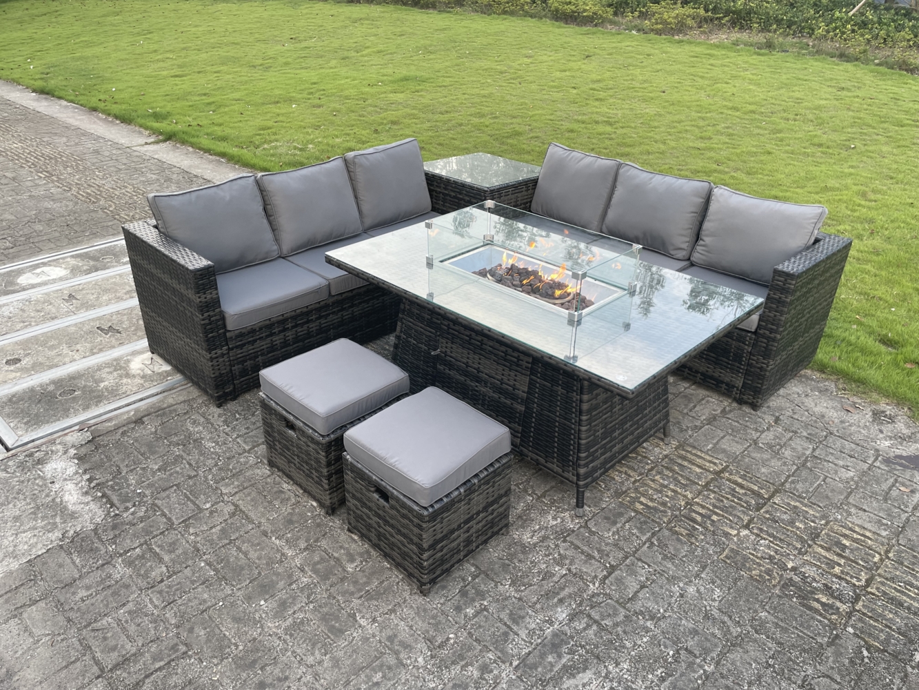 Fimous Rattan Gartenmöbel Set Gasfeuerstelle Esstisch Sets Lounge kleinen Hockern Dark Grau 8-Sitzer Bild 1