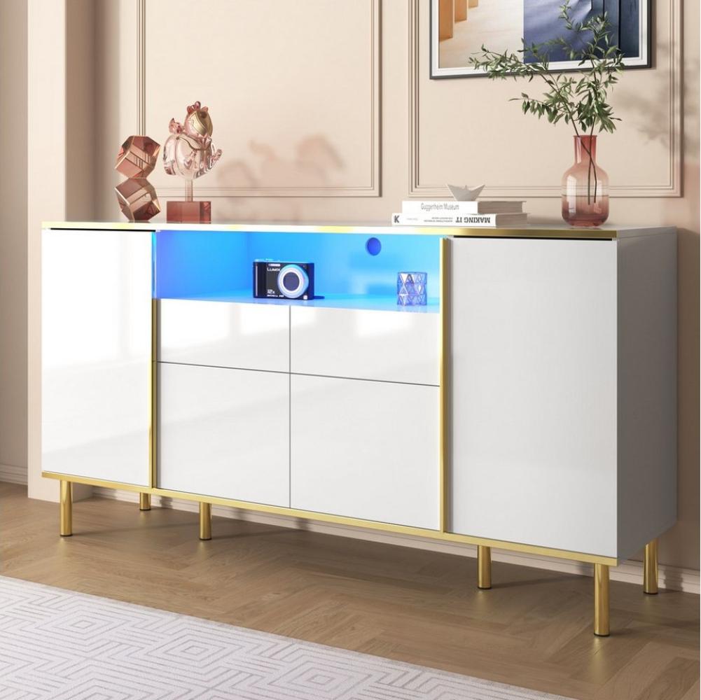 HAUSS SPLOE Sideboard hochglänzend Kommode mit 2 Schubladen, 4 Türen und ein Fach weiß (Schlafzimmerkommode, 1 St, mit 2 Schubladen), Sideboard-B150/T40 /H80cm Bild 1