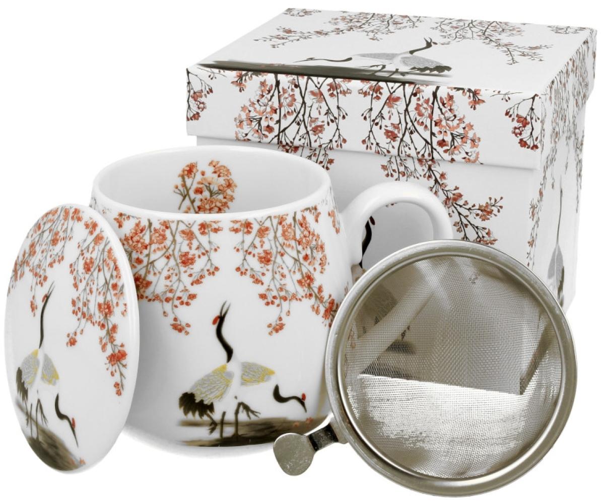 DUO ART GALLERY Fassbecher 430 ml SAKURA & CRANES mit Teesieb, New Bone China Porzellan Bild 1